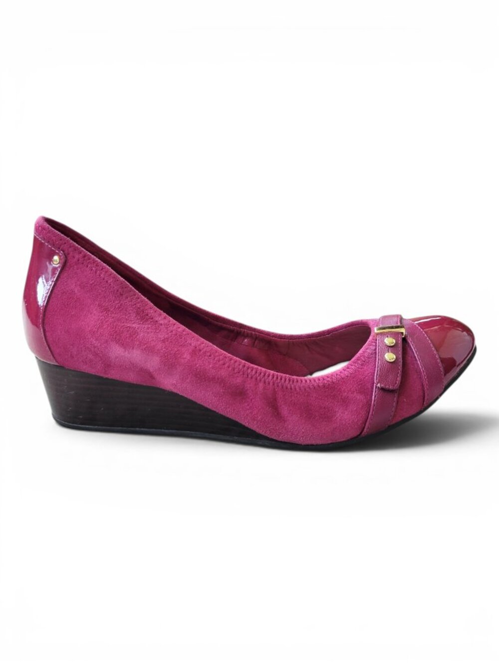 Cole Haan Monica Magenta Pink Suede and Patent Leather Wedge Heel Pumps